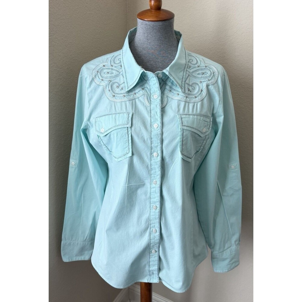 Grace In LA Size Large Mint Green Embellished Button Down Western Cowgirl Shirt